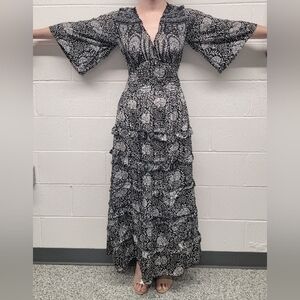 Sergio Mattera Black and White Silk Ruffled Floor Length Dress One Size Fits All